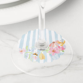 青いストライプの遊び心ある水彩花模様 ワイングラスタグ