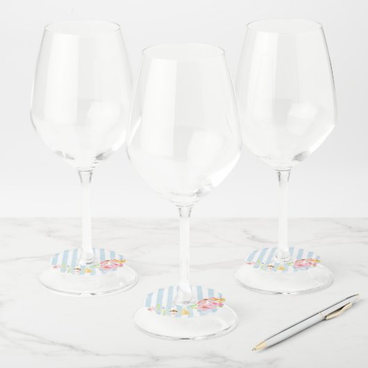 青いストライプの遊び心ある水彩花模様 ワイングラスタグ (セット)