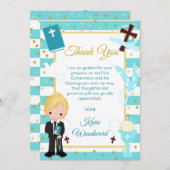 青いストライプの金髪の少年　初めての聖体拝領 サンキューカード (正面/裏面)