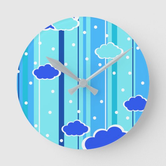 青いストライプの雲とドット ラウンド壁時計 (正面)