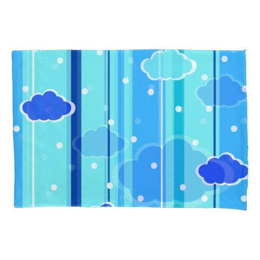 青いストライプの雲とドット 枕カバー (正面)