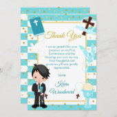 青いストライプの黒髪の少年 初めての聖体拝領 サンキューカード (正面/裏面)