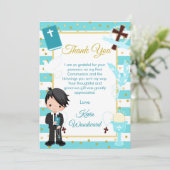 青いストライプの黒髪の少年 最初の聖体拝領 サンキューカード (スタンド正面)