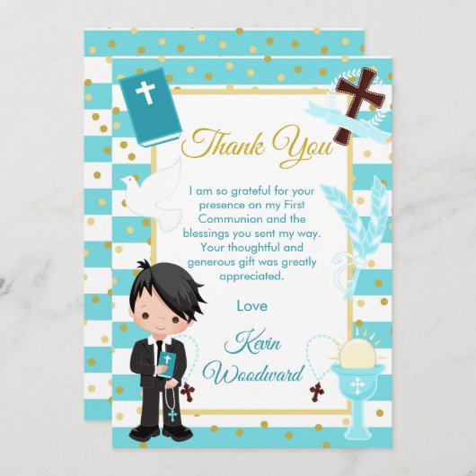 青いストライプの黒髪の少年　最初の聖体拝領 サンキューカード (正面/裏面)