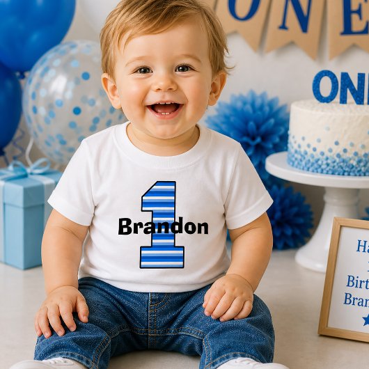 青いストライプの1歳の誕生日ボーイシャツ ベビーTシャツ