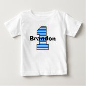 青いストライプの1歳の誕生日ボーイシャツ ベビーTシャツ (正面)