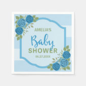 青いストライプバラと男の子の赤ちゃんシャワー スタンダードカクテルナプキン (正面)