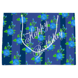 青いストライプバラ ラージペーパーバッグ