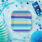 青いストライプブラシストローク ペーパープレート (パーティー)