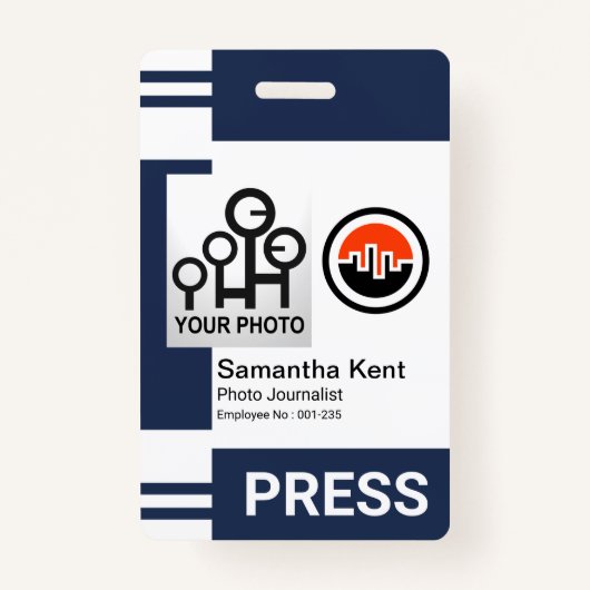 青いストライプ列写真フレームテンプレートプレスID バッジ (正面)