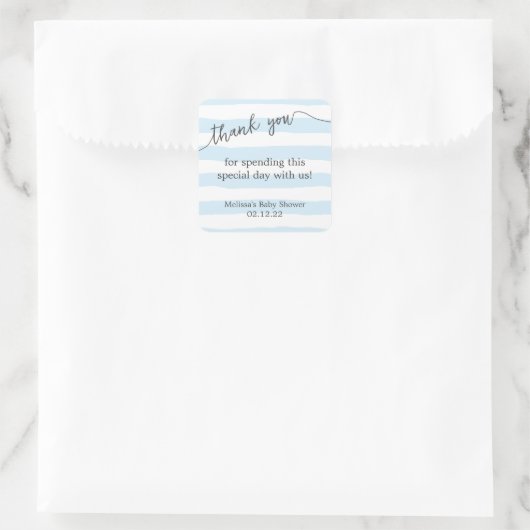 青いストライプ男の子のシャワーの好意ステッカー スクエアシール (バッグ)