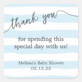 青いストライプ男の子のシャワーの好意ステッカー スクエアシール (正面)