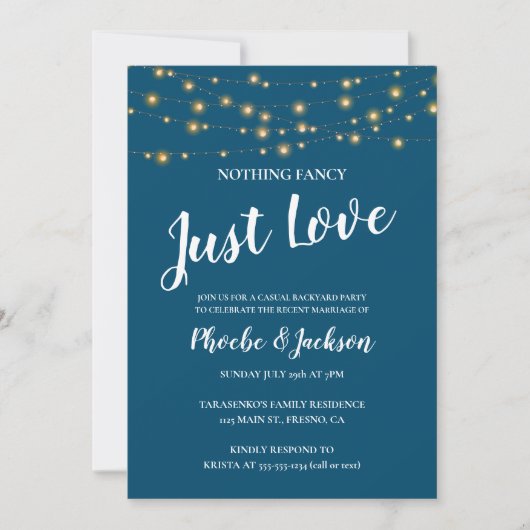 青いストリングライトのウェディングエロープメントパーティー 招待状 (正面)