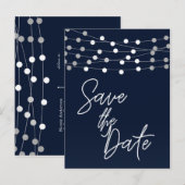 青いストリングライト 現代スクリプト セーブ・ザ・デート 案内ポストカード (正面/裏面)