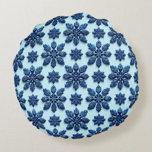 青いスノーフレークのパターン（の模様が）ある背景 ラウンドクッション (裏面)