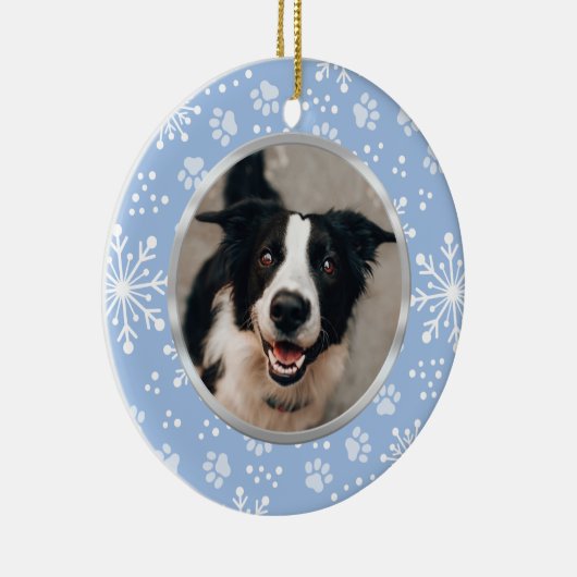 青いスノーフレークのポーパターンペット写真 セラミックオーナメント (右)