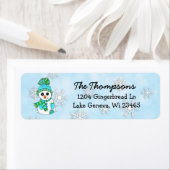 青いスノーフレークの背景を持つクリスマス雪だるま ラベル (インサイチュ)