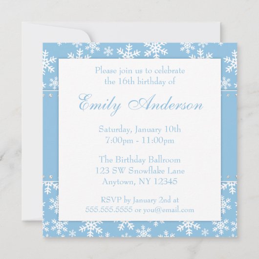青いスノーフレークスダイアモンドスイート16招待状 招待状 (裏面)