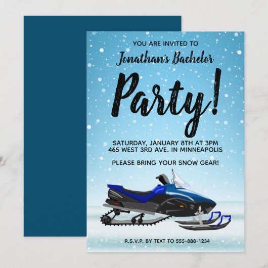 青いスノーモービルのウィンターブライドパーティー招待状 招待状 (正面/裏面)