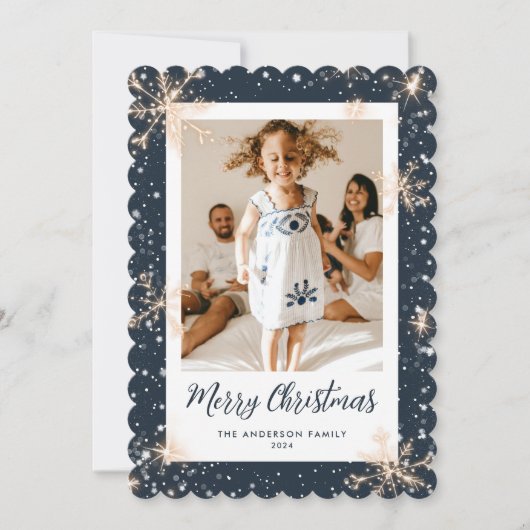 青いスパークリー雪のフレーク写真メリークリスマスカード シーズンカード (正面)