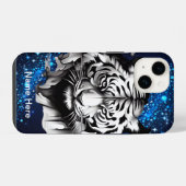 青いスパークルのホワイトタイガー iPhoneケース (裏面横)
