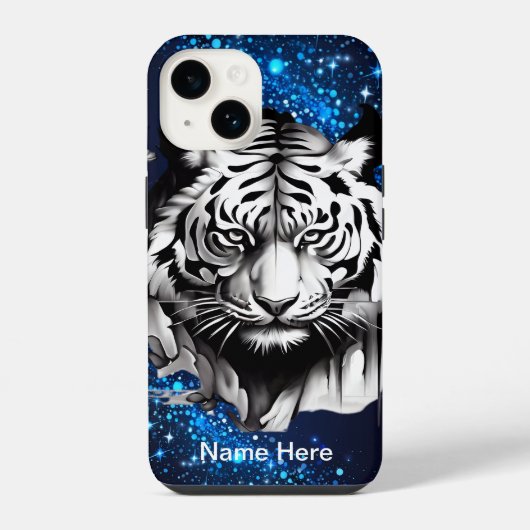 青いスパークルのホワイトタイガー iPhoneケース (裏面)