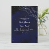 青いスパークルの星空の夜の結婚式 招待状 (スタンド正面)