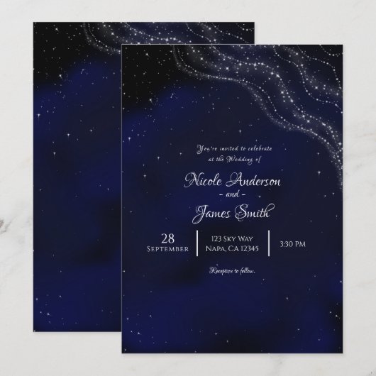 青いスパークルの星空の夜の結婚式 招待状 (正面/裏面)