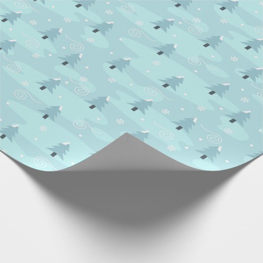 青いスプリースの木と雪のクリスマスパターン ラッピングペーパー (角)