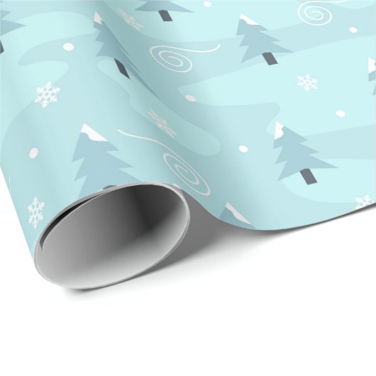 青いスプリースの木と雪のクリスマスパターン ラッピングペーパー (ロールコーナー)