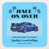 青いスポーツモダンカーで年齢を問わずレース スクエアペーパーコースター (正面)