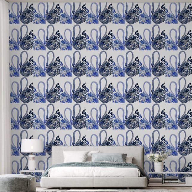 青いスワンの水彩画 壁紙 (寝室)