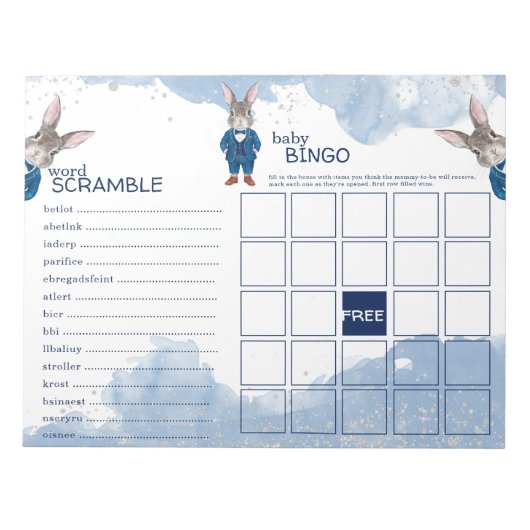 青いスーツを着たダッパー・ボーイ・バニー赤ちゃんシャワー・ゲーム ノートパッド (正面)