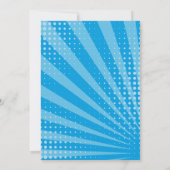 青いスーパーヒーローのコミックスタイルの誕生日パーティー 招待状 (裏面)