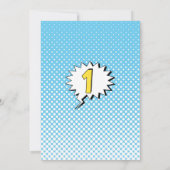 青いスーパーヒーローの写真の第1誕生日のパーティの招待状 招待状 (裏面)