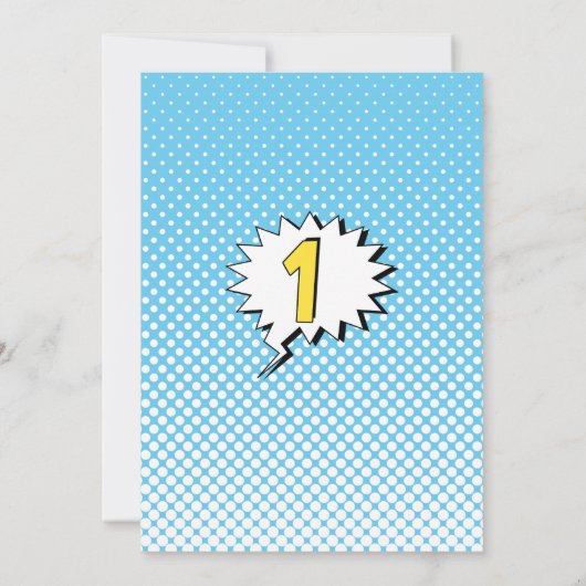 青いスーパーヒーローの写真の第1誕生日のパーティの招待状 招待状 (裏面)