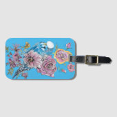 青いセキセイインコのブルー花柄水彩鞄タグ ラゲッジタグ (正面横)