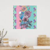 青いセキセイインコの鳥とバラの花のアート 水色のポスター ポスター (キッチン)