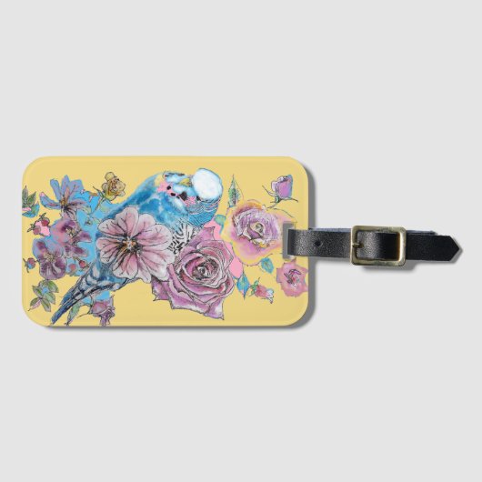 青いセキセイインコ 黄色の花 水彩のスーツケースタグ ラゲッジタグ (正面横)