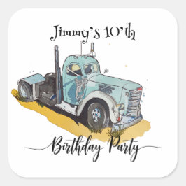 青いセミトラックの男の子の誕生日パーティー スクエアシール