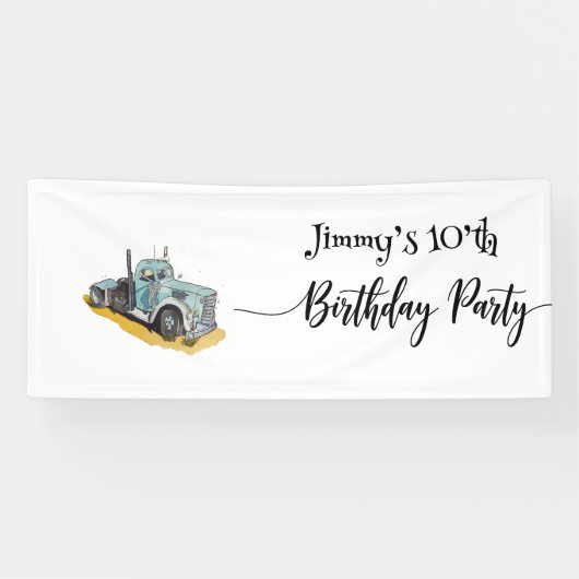 青いセミトラックの男の子の誕生日パーティー 横断幕 (横)