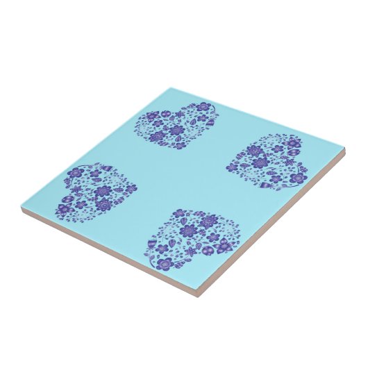 青いセラミックタイルとハート花 タイル (側面)