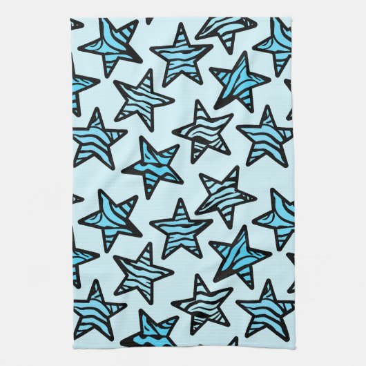 青いゼブラ印刷の星 キッチンタオル (縦)