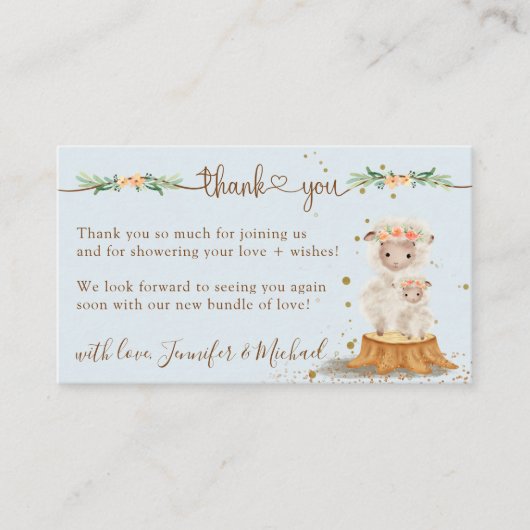 青いソフトな羊のベイビーシャワーありがとう エンクロージャーカード (正面)