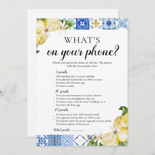 青いタイルあなたの電話の何ブライダルシャワーゲーム 招待状 (正面/裏面)