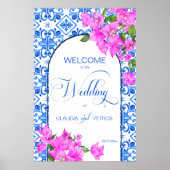 青いタイルとブーゲンビリアエレガントウェルカムサイン ポスター (正面)