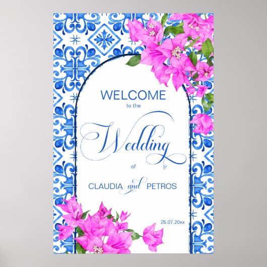 青いタイルとブーゲンビリアエレガントウェルカムサイン ポスター (正面)