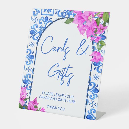 青いタイルとブーゲンビリア地中海のギフト 台座サイン (正面)
