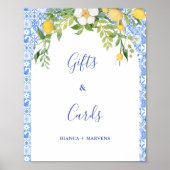 青いタイルとレモンの結婚式のギフト&カードサイン ポスター (正面)