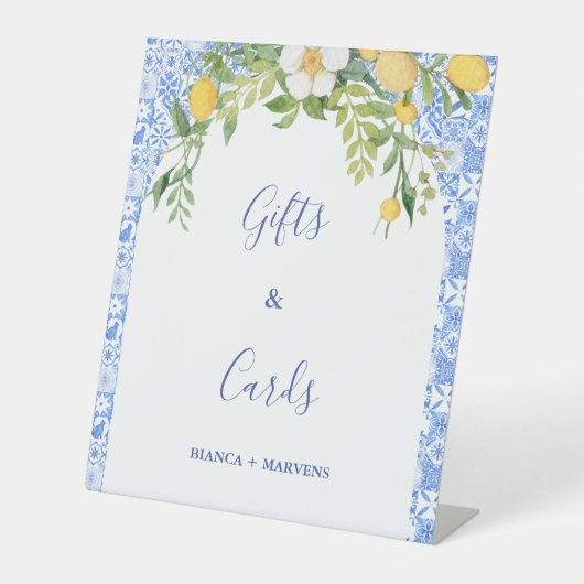 青いタイルとレモンの結婚式のギフト&カードサイン 台座サイン (正面)